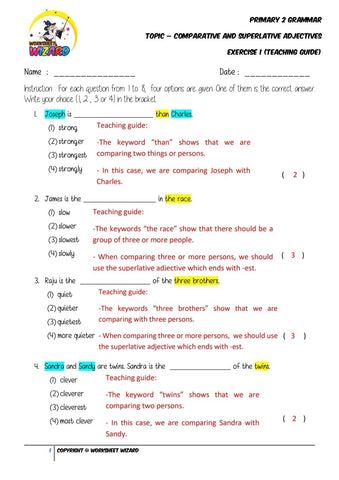 Adjectives Exercise 1 - Answer Key and Teaching Guide - Worksheet Wizard