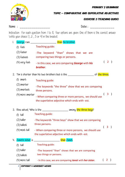 Adjectives Exercise 2 - Answer Key and Teaching Guide - Worksheet Wizard