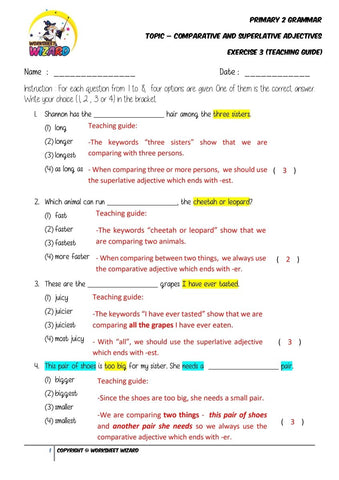 Adjectives Exercise 3 - Answer Key and Teaching Guide - Worksheet Wizard