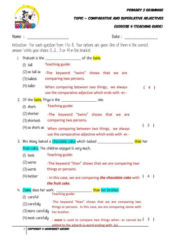 Adjectives Exercise 4 - Answer Key and Teaching Guide - Worksheet Wizard