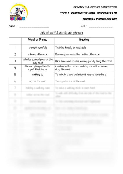 Advanced Vocabulary List - Crossing the road - Worksheet Wizard