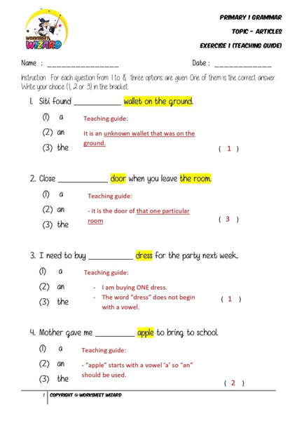 Articles Exercise 1 - Answer key and Teaching guide - Worksheet Wizard