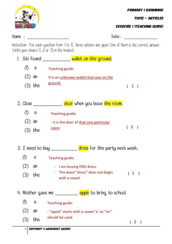 Articles Exercise 1 - Answer key and Teaching guide - Worksheet Wizard