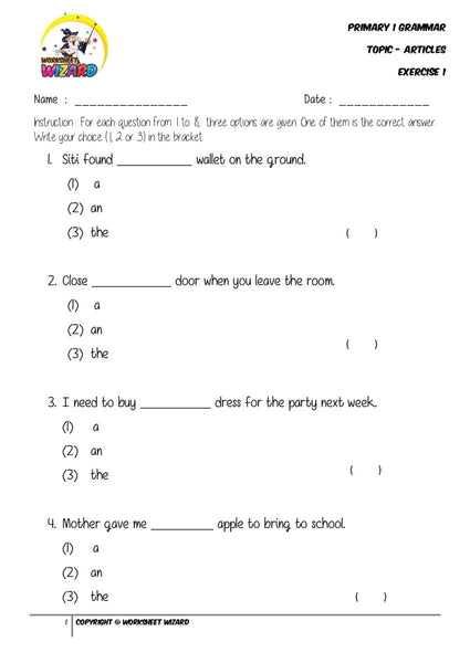 Articles Exercise 1 - Student Worksheet - Worksheet Wizard