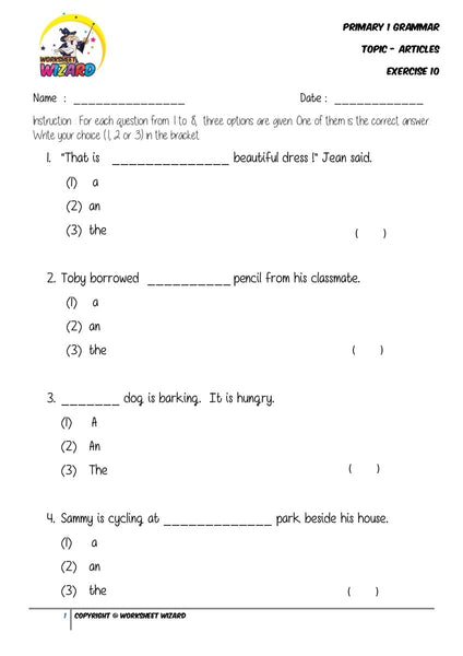 Articles Exercise 10 - Student Worksheet - Worksheet Wizard