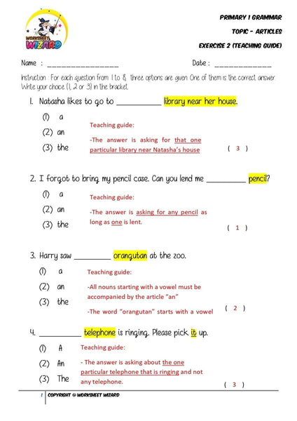 Articles Exercise 2 - Answer key and Teaching guide - Worksheet Wizard