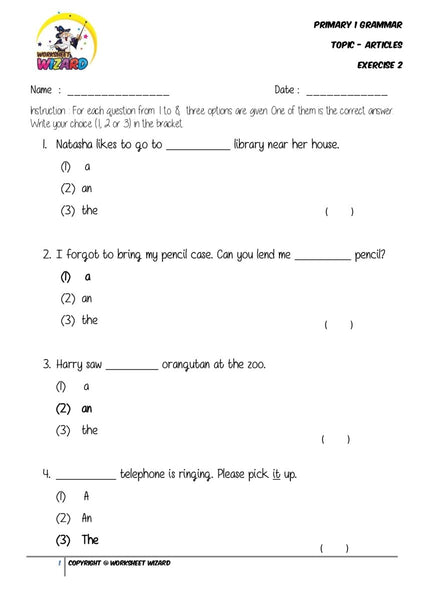 Articles Exercise 2 - Student Worksheet - Worksheet Wizard