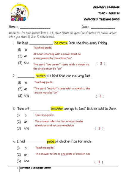 Articles Exercise 3 - Answer key and Teaching guide - Worksheet Wizard