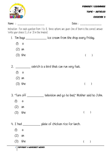 Articles Exercise 3 - Student Worksheet - Worksheet Wizard