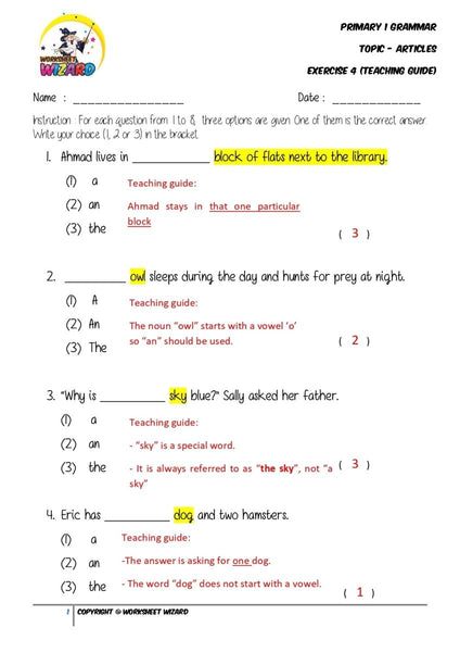 Articles Exercise 4 - Answer key and Teaching guide - Worksheet Wizard