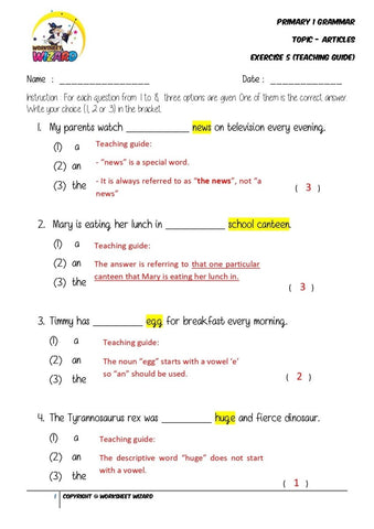 Articles Exercise 5 - Answer key and Teaching guide - Worksheet Wizard