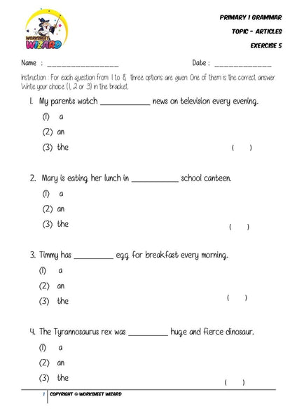 Articles Exercise 5 - Student Worksheet - Worksheet Wizard