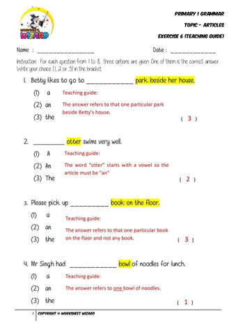 Articles Exercise 6 - Answer key and Teaching guide - Worksheet Wizard