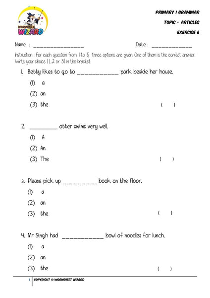 Articles Exercise 6 - Student Worksheet - Worksheet Wizard