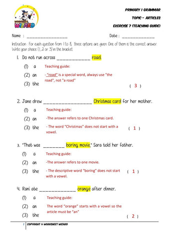 Articles Exercise 7 - Answer key and Teaching guide - Worksheet Wizard