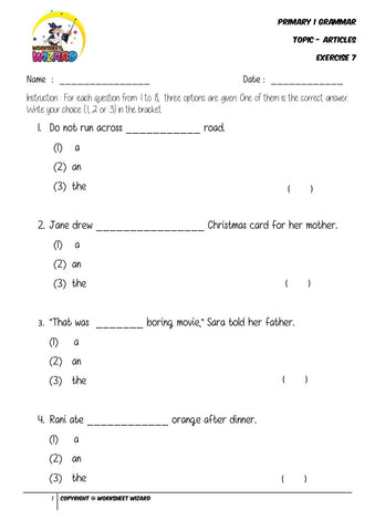 Articles Exercise 7 - Student Worksheet - Worksheet Wizard