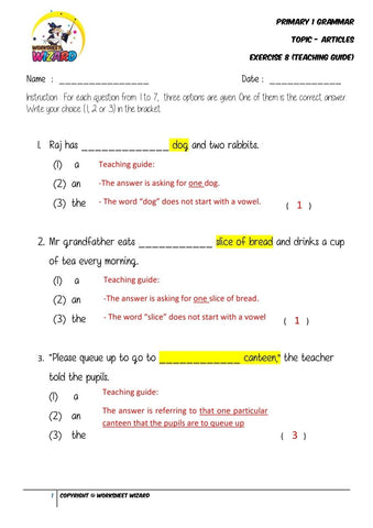 Articles Exercise 8 - Answer key and Teaching guide - Worksheet Wizard