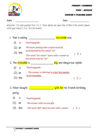 Articles Exercise 9 - Answer key and Teaching guide - Worksheet Wizard