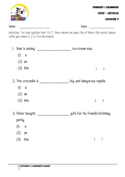 Articles Exercise 9 - Student Worksheet - Worksheet Wizard