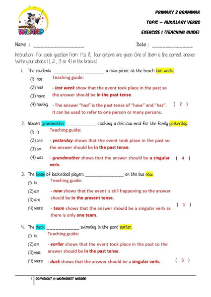 Auxillary Verbs Exercise 1 - Answer Key and Teaching Guide - Worksheet Wizard