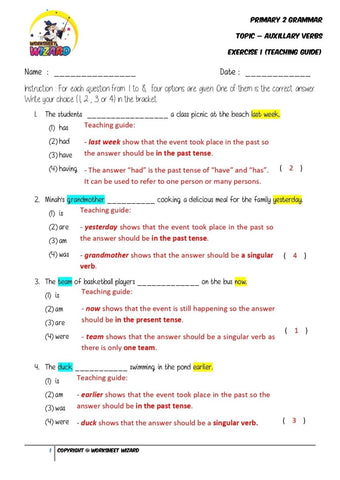 Auxillary Verbs Exercise 1 - Answer Key and Teaching Guide - Worksheet Wizard