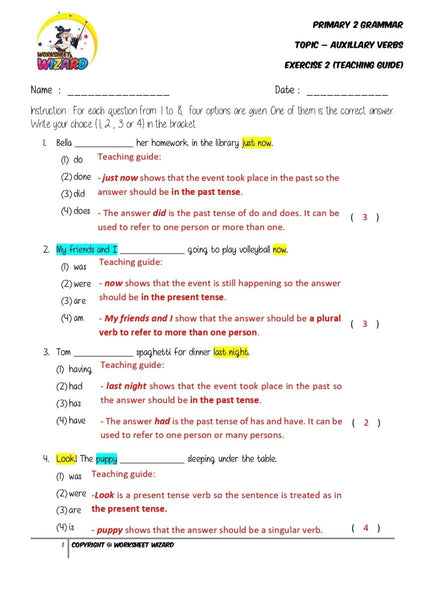 Auxillary Verbs Exercise 2 - Answer Key and Teaching Guide - Worksheet Wizard