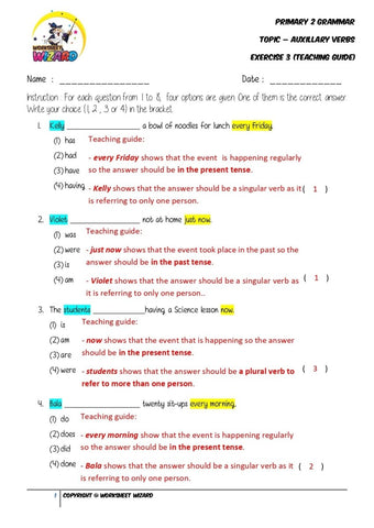 Auxillary Verbs Exercise 3 - Answer Key and Teaching Guide - Worksheet Wizard