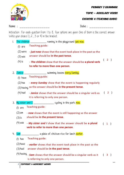 Auxillary Verbs Exercise 4 - Answer Key and Teaching Guide - Worksheet Wizard