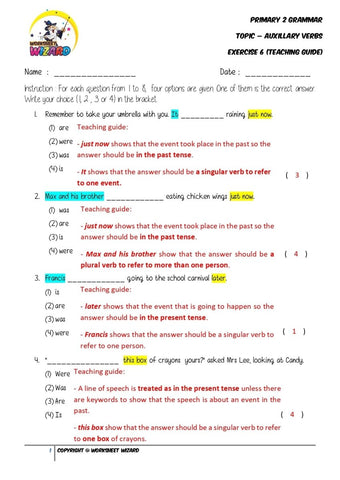 Auxillary Verbs Exercise 6 - Answer Key and Teaching Guide - Worksheet Wizard