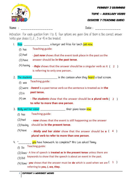 Auxillary Verbs Exercise 7 - Answer Key and Teaching Guide - Worksheet Wizard