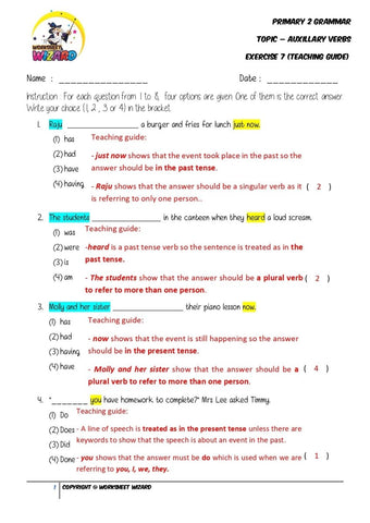 Auxillary Verbs Exercise 7 - Answer Key and Teaching Guide - Worksheet Wizard