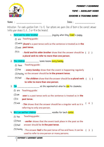 Auxillary Verbs Exercise 8 - Answer Key and Teaching Guide - Worksheet Wizard