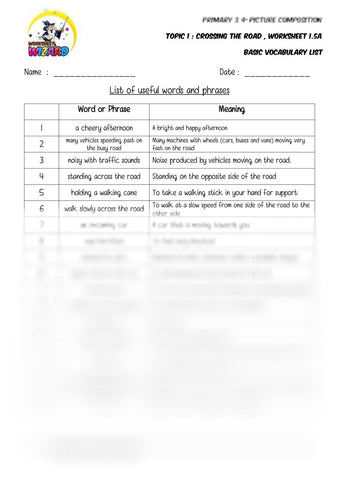 Basic Vocabulary List - Crossing the road - Worksheet Wizard