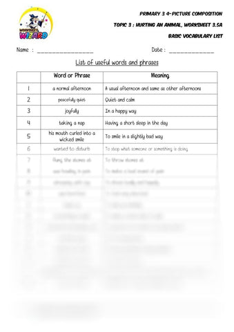 Basic Vocabulary List - Hurting an animal - Worksheet Wizard