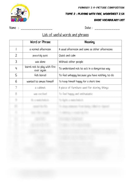 Basic Vocabulary List - Playing with fire - Worksheet Wizard