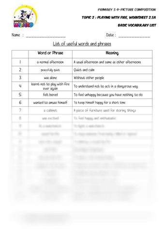 Basic Vocabulary List - Playing with fire - Worksheet Wizard