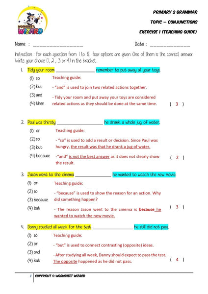 Conjunctions Exercise 1 - Answer key and Teaching guide - Worksheet Wizard