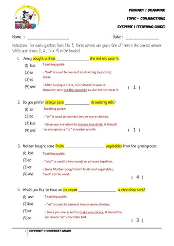 Conjunctions Exercise 1 - Answer key and Teaching guide - Worksheet Wizard