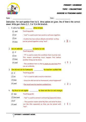 Conjunctions Exercise 10- Answer key and Teaching guide - Worksheet Wizard