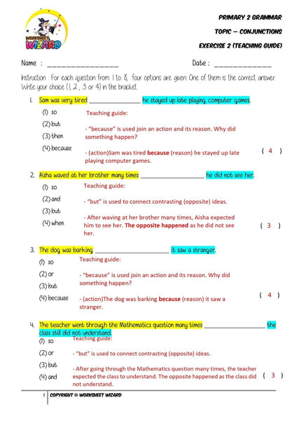 Conjunctions Exercise 2 - Answer key and Teaching guide - Worksheet Wizard