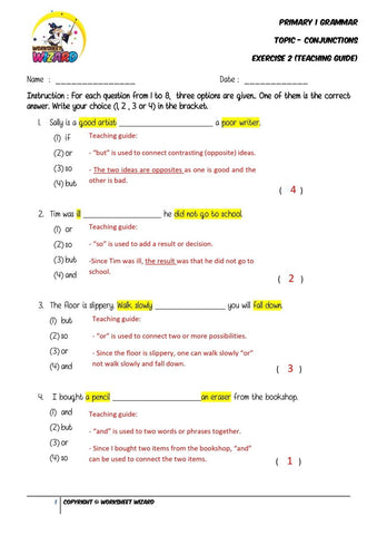 Conjunctions Exercise 2 - Answer key and Teaching guide - Worksheet Wizard