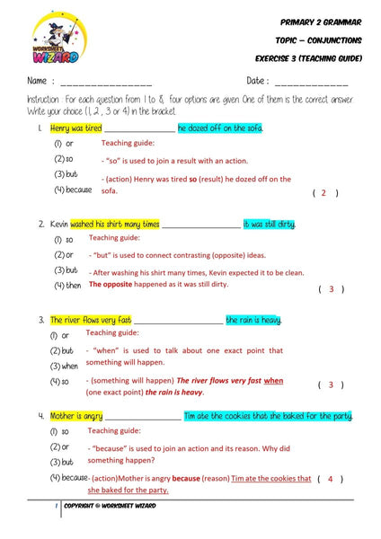 Conjunctions Exercise 3 - Answer key and Teaching guide - Worksheet Wizard