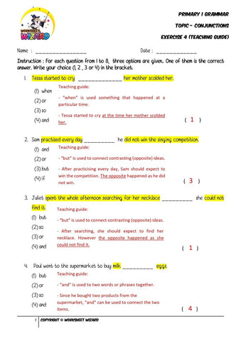 Conjunctions Exercise 4 - Answer key and Teaching guide - Worksheet Wizard