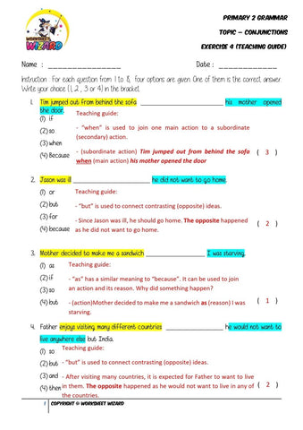 Conjunctions Exercise 4 - Answer key and Teaching guide - Worksheet Wizard