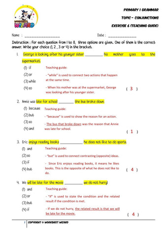 Conjunctions Exercise 6- Answer key and Teaching guide - Worksheet Wizard