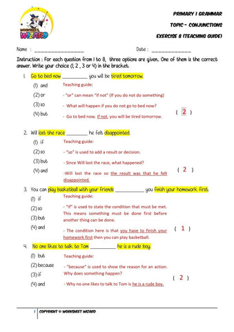 Conjunctions Exercise 8- Answer key and Teaching guide - Worksheet Wizard