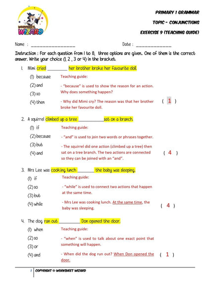 Conjunctions Exercise 9- Answer key and Teaching guide - Worksheet Wizard