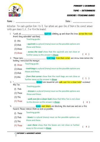 Determiners Exercise 1 - Answer Key and Teaching Guide - Worksheet Wizard