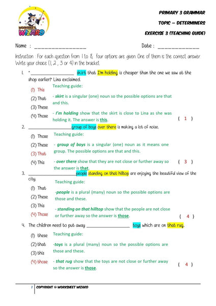 Determiners Exercise 3 - Answer Key and Teaching Guide - Worksheet Wizard