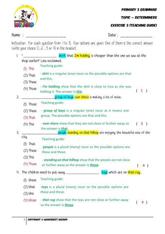 Determiners Exercise 3 - Answer Key and Teaching Guide - Worksheet Wizard